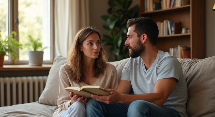 Een vrouw en man hebben een diepgaand gesprek over "Waarom houden huisvrouwen veel van seks?" op een bank.