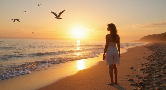 Een persoon staat ontspannen op het strand tijdens zonsondergang.