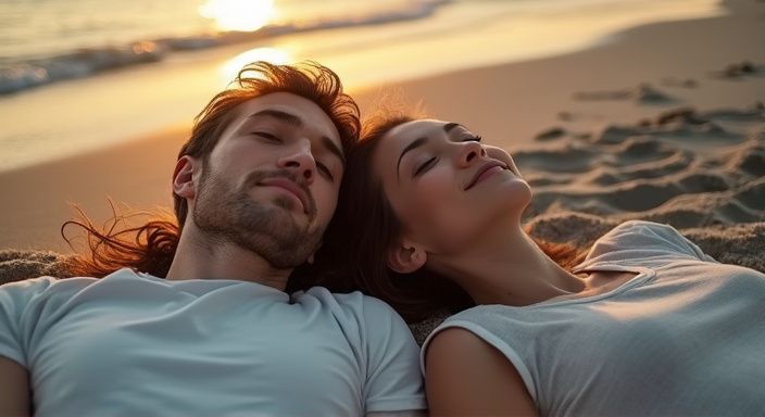 Een stel ligt ontspannend op het strand met intieme blikken.