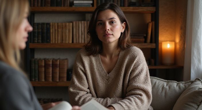 Vrouw in een comfortabele setting met boeken over seksualiteit en psychologie.