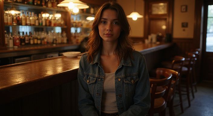 Een jonge vrouw zit alleen aan de bar, vol anticipatie.