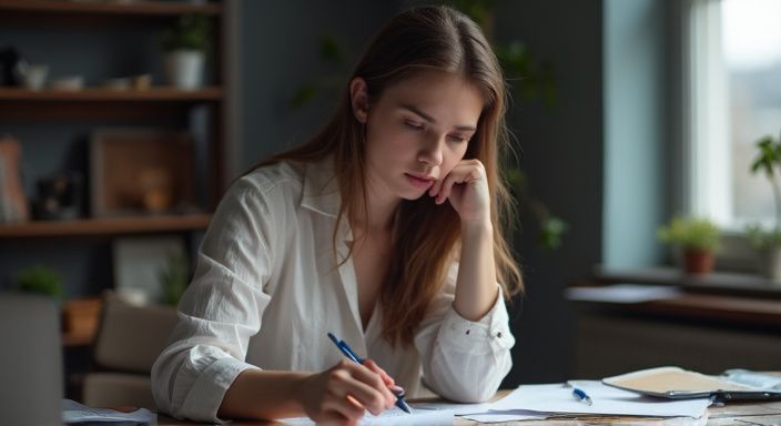 Een jonge vrouw zit gefocust en gespannen aan een houten bureau.