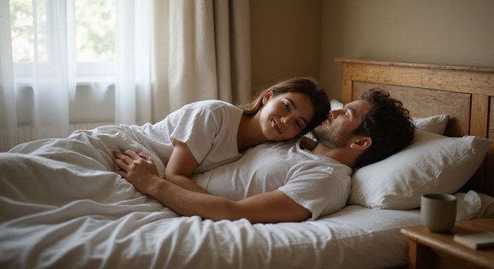 Een koppel ligt ontspannen samen op bed in hun slaapkamer.