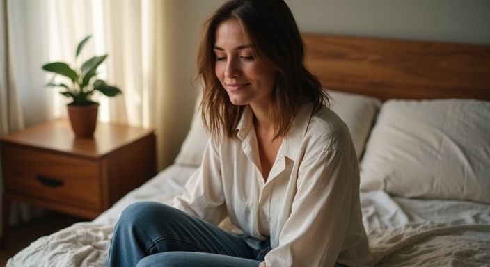 Een vrouw zit ontspannen op een bed, met een dromerige glimlach.