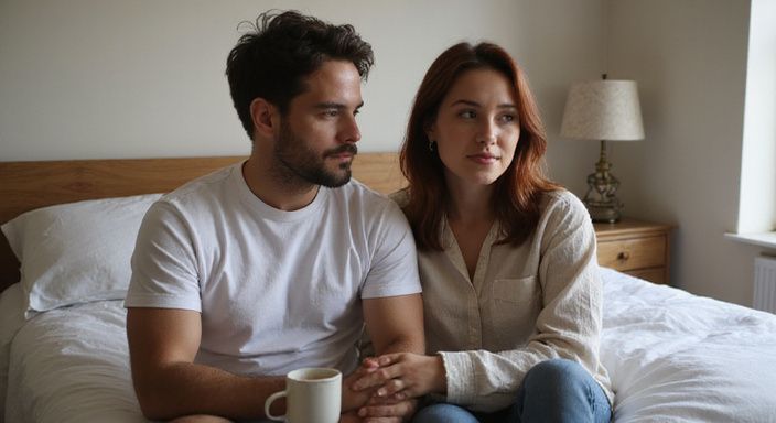 Een man en vrouw delen een intiem moment op bed.