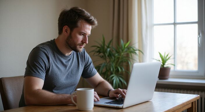 Een man werkt geconcentreerd aan zijn laptop aan een houten bureau. Een man werkt geconcentreerd aan zijn laptop aan een houten bureau.