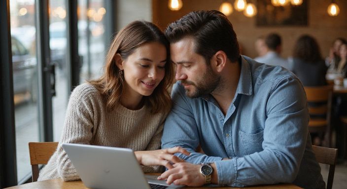 Een man en vrouw bespreken online dating aan een café tafel. Een man en vrouw bespreken online dating aan een café tafel.