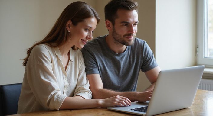Een vrouw en man werken samen aan een laptop aan tafel. Een vrouw en man zoeken samen op een laptop naar een BDSM seksafspraakje.