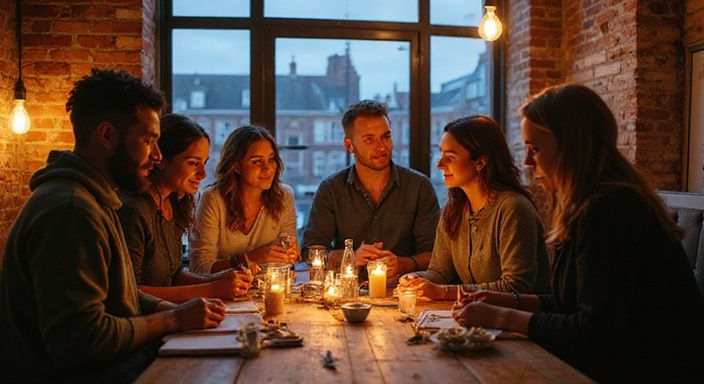 Groep volwassenen leert BDSM-technieken in een gezellige loftomgeving.