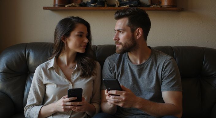 Een koppel bespreekt intieme onderwerpen op een leren bank.