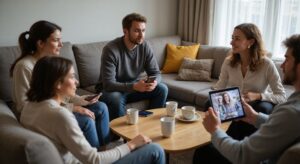 Groep volwassenen converseert en deelt datingprofielen in een gezellige woonkamer