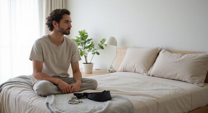 Een georganiseerde slaapkamer met BDSM-accessoires en een ontspannen individu.