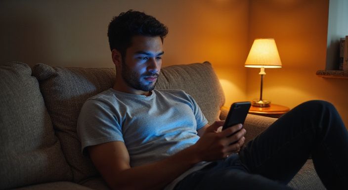 Een persoon zit ontspannen op een bank en gebruikt een smartphone voor kinky dating Nederland.