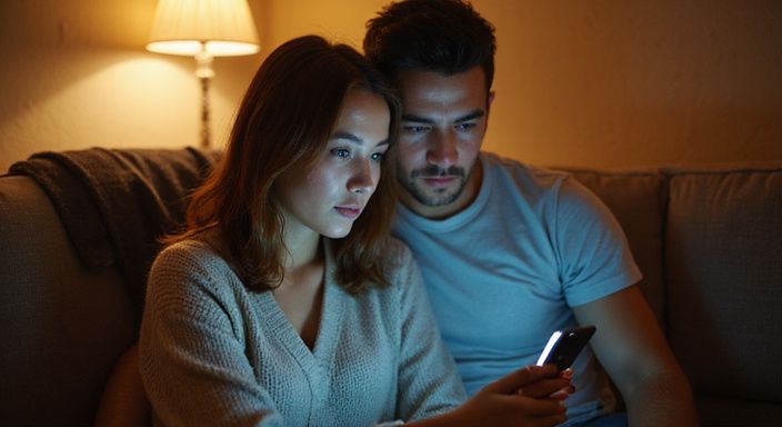 Een jongeman en -vrouw verkennen samen een datingapp voor kinky dating Nederland op een smartphone.