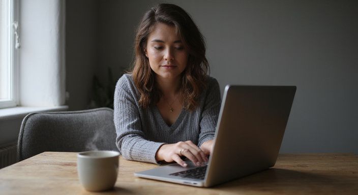 Een vrouw zoekt op haar laptop naar fetish dating.