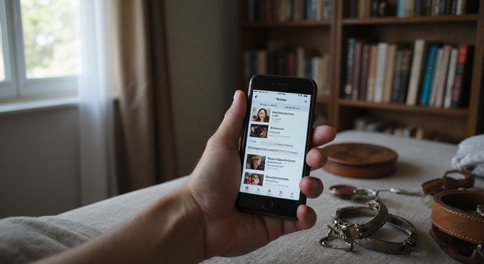 Een persoon bekijkt een fetish dating app in een intieme kamer.