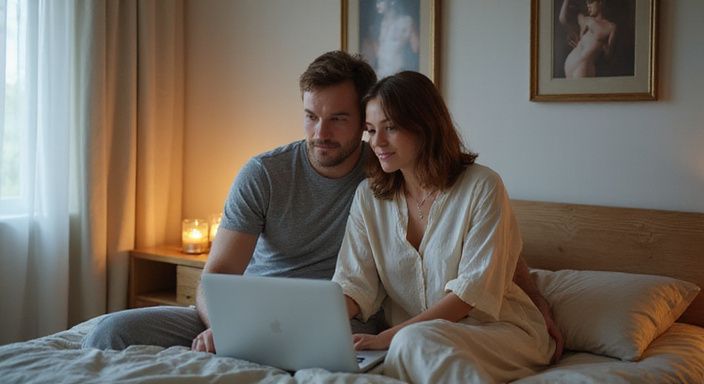 Een man en vrouw zitten samen op een bed met een laptop.