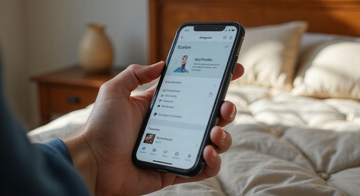 Een smartphone toont de homepage van Fetish.com in een slaapkamer.