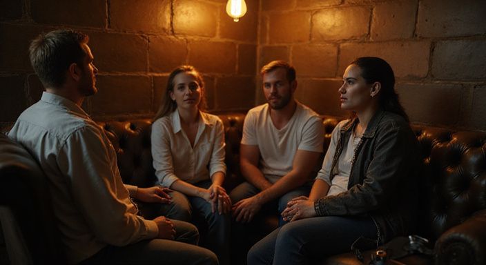 Een ontspannen gesprek tussen vrienden in een intieme dungeon-ruimte.