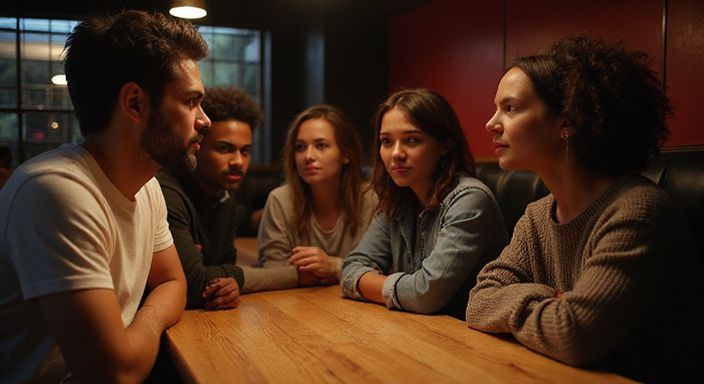 Groep volwassenen in een lounge, genietend van een intiem gesprek over fetish dating.