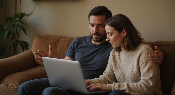 Een vrouw en een man kijken samen naar een datingapp voor fetish dating.