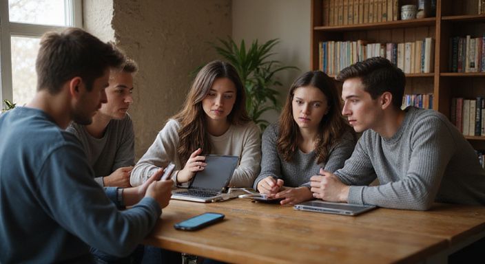 Groep jonge volwassenen stelt privacy-instellingen op smartphones en laptops in.