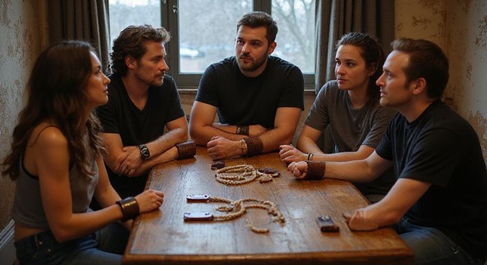 Een groep mensen speelt een rollenspel op een kink evenement.