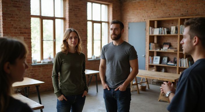 Een man en vrouw participeren in een betrokken groepsdiscussie.