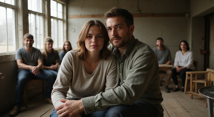 Een vrouw en man delen een intiem moment in een workshop.