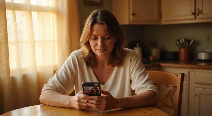 Een vrouw in haar veertiger jaren kijkt geconcentreerd naar haar smartphone.