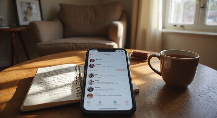 Een smartphone met datingapp voor huisvrouwen sexcontact, notities en een kopje thee.
