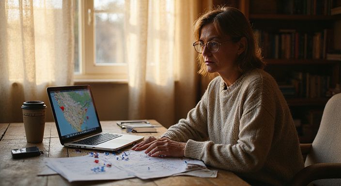 Een vrouw studeert geconcentreerd aan een houten bureau met notities.