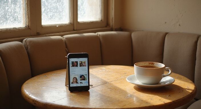 Een telefoon op een houten tafel in een rustige caféhoek.