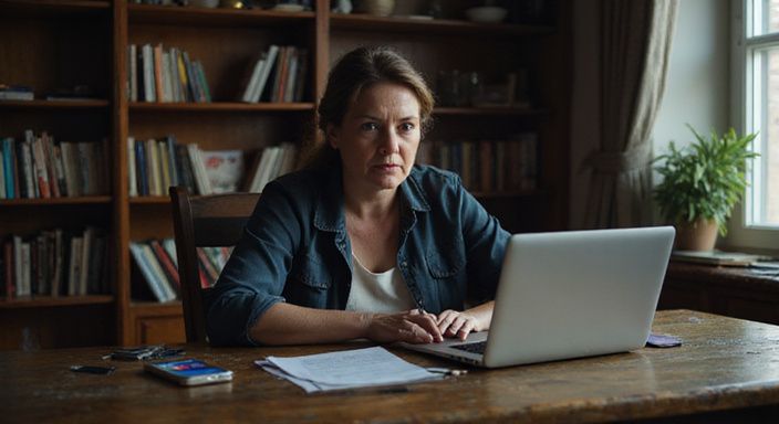 Een vrouw overweegt zorgvuldig een datingsite voor huisvrouwen sexcontact op haar laptop.