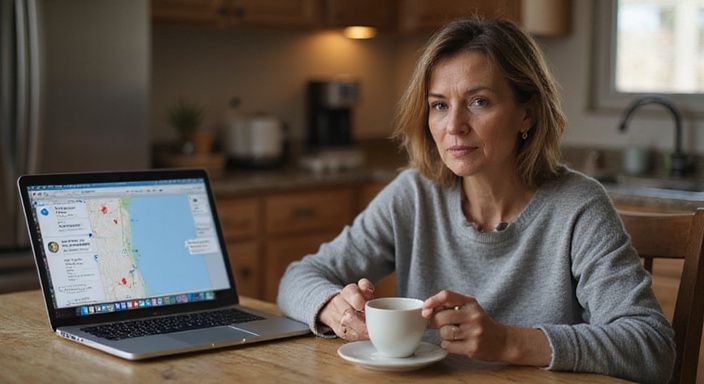Een vrouw in een sweater gebruikt haar telefoon aan de keukentafel.