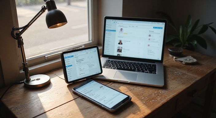 Hyper-realistisch beeld van een georganiseerde werkplek met elektronische apparaten.