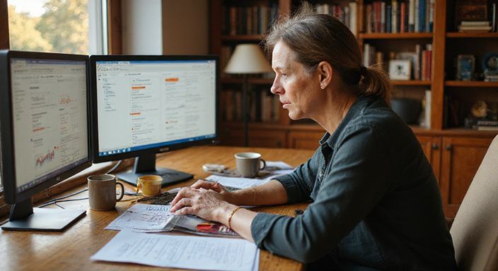 Een geconcentreerde vrouw werkt aan digitale marketinganalyses op drie monitors.