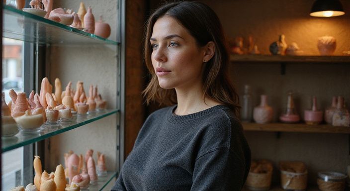 Een persoon bewondert BDSM-accessoires op een nachtkastje. kinky sex