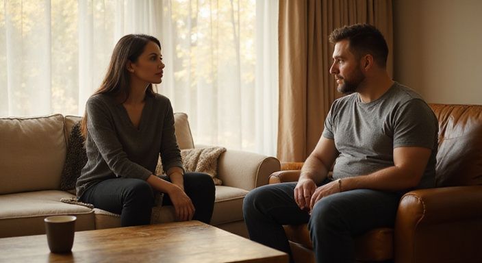 Een man en vrouw hebben een serieuze conversatie in een woonkamer. Een man en vrouw hebben een serieuze conversatie in een woonkamer.