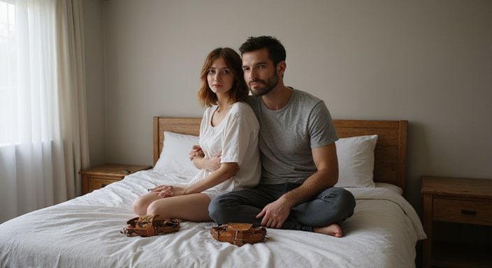 Een man en vrouw delen een intieme, vertrouwelijke moment op bed. Een man en vrouw delen een intieme, vertrouwelijke moment op bed.