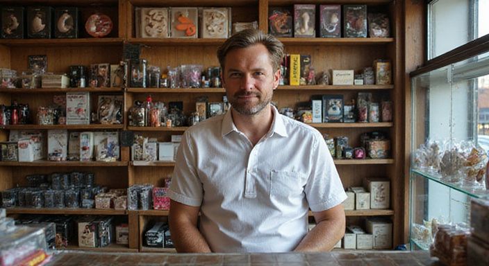 Een bescheiden erotische winkel met diverse producten en een attente medewerker. Een bescheiden erotische winkel met diverse producten en een attente medewerker.