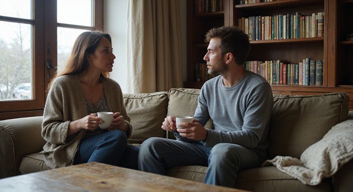 Een vrouw en man genieten van een intiem gesprek op de bank. Een vrouw en man genieten van een intiem gesprek over kinky sex op de bank.