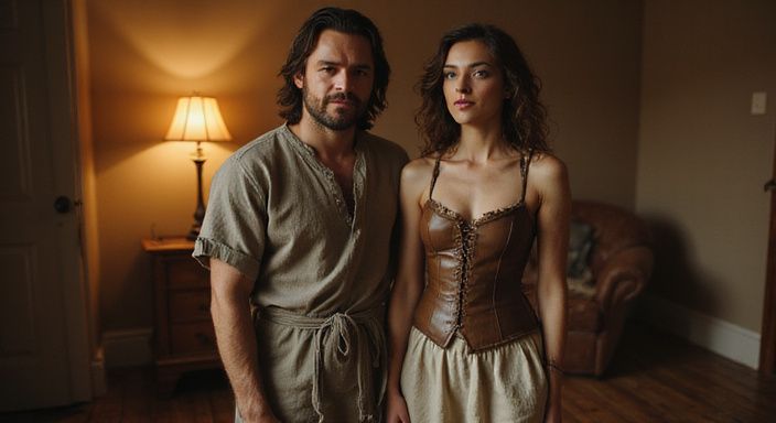 Een man en vrouw staan samen in een gezellige woonkamer. Een man en vrouw staan samen in een gezellige woonkamer.