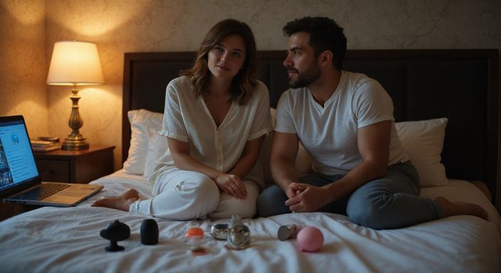 Man en vrouw zitten op bed met speelgoed en laptop over grenzen. Man en vrouw zitten op bed met speelgoed en laptop over grenzen.