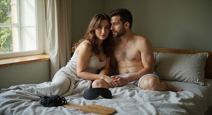 Een stel bespreekt BDSM-tools en grenzen in een gezellige slaapkamer. Een stel bespreekt kinky sex en grenzen in een gezellige slaapkamer.