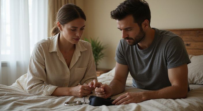 Een man en vrouw verkennen handboeien en een blinddoek op bed. Een man en vrouw verkennen handboeien en een blinddoek op bed.