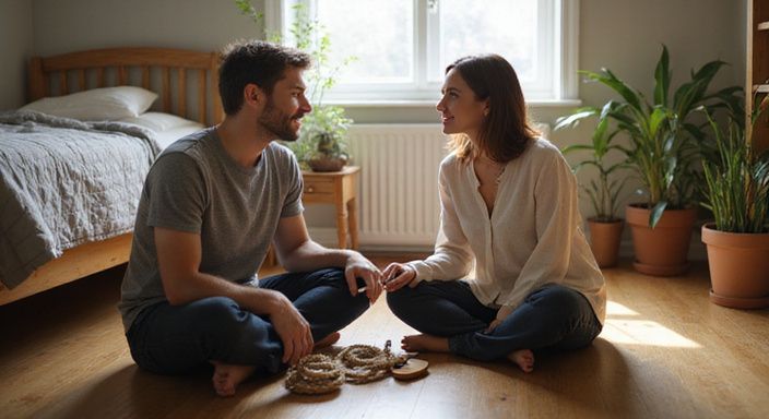 Een man en vrouw verkennen samen bondage speelgoed in hun slaapkamer. Een man en vrouw verkennen samen bondage speelgoed in hun slaapkamer.