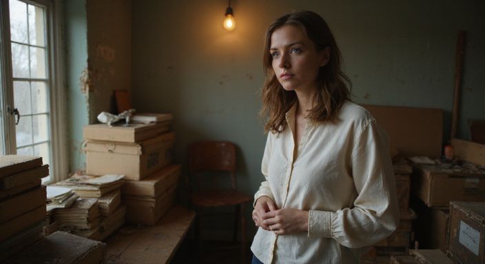 Een vrouw in een kleine, rommelige kamer met alledaagse objecten. Een vrouw in een kleine, rommelige kamer met alledaagse objecten.