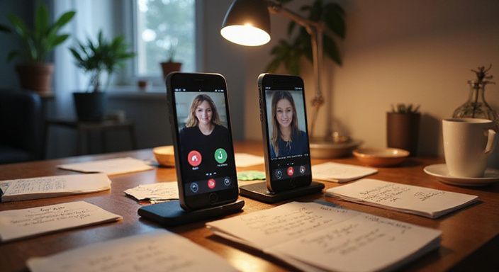 Twee smartphones tonen een videochat op een bureau met notities. Twee smartphones tonen een videochat op een bureau met notities.