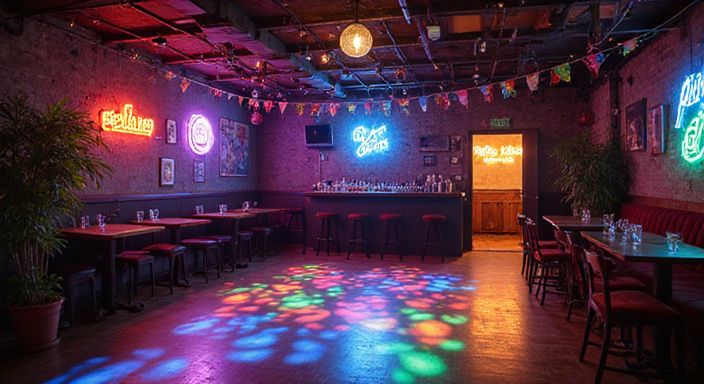 Vibrante nachtclub met een dansvloer, cocktailtafels en kleurrijke decoraties. Vibrante nachtclub met een dansvloer, cocktailtafels en kleurrijke decoraties.